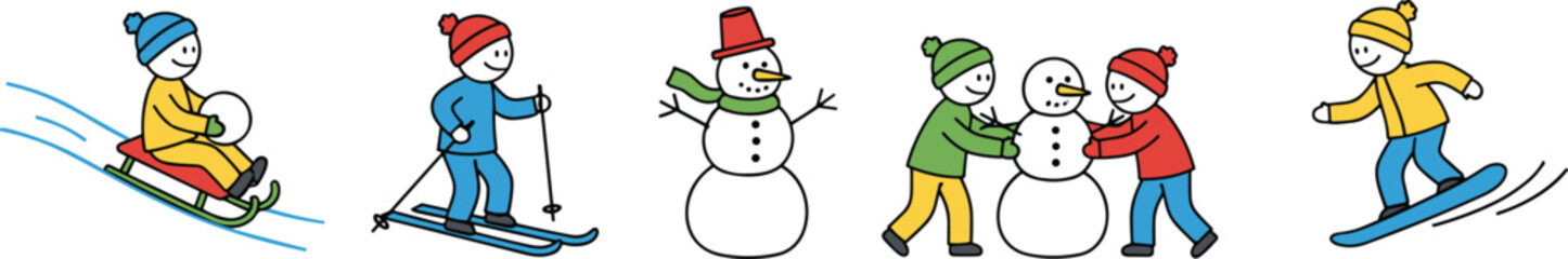 Cute Cartoon Children Doing Winter Activities like Skiing, Sledding, Snowboarding, and Building a Snowman Representing Seasonal Fun and Holiday Play Vector.