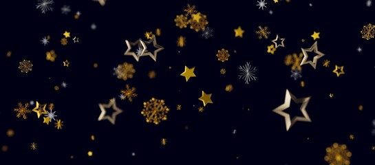 Fototapeta premium Abstract background featuring golden stars and snowflakes on dark blue. Perfect for holiday design, Christmas, New Year