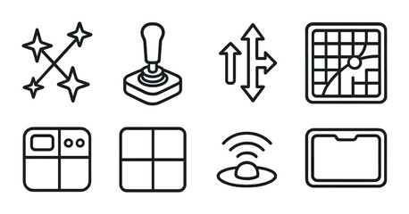 Black outline icons on dark gray background: navigation, joystick, settings, wi-fi, folder, stars