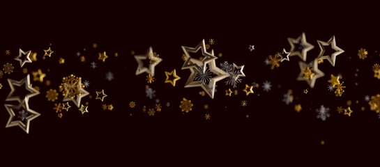 Elegant festive background features gold stars and snowflakes, perfect for holiday greetings and celebrations.