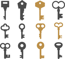 Vintage key set, house keys, old fashioned keys, metal key illustration, locksmith icons, antique keys, security key collection