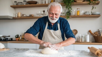 Man baking bread in kitchen.