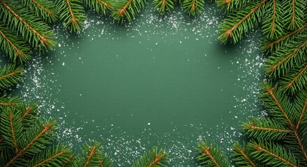 Festive Christmas fir branches frame with scattered snow on green background.