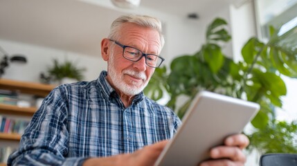 Old man reading tablet indoors