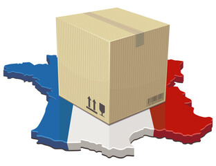 A cardboard shipping box placed on the France map (flag colors). Concept for e-commerce, national logistics, delivery service, or imports/exports in Europe. (cut out)