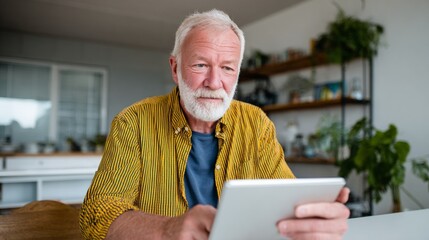 Old man using laptop at home.