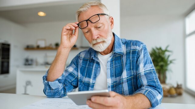 Older man reading book at kitchen counter. - Powered by Adobe