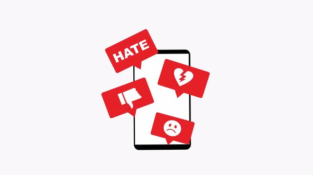 Phone displaying red speech bubbles with hate and broken heart for social media, communication, and messaging concepts in emotive contexts and anti cyberbullying