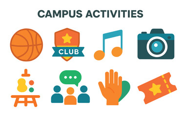 Colorful icons representing diverse campus activities and hobbies