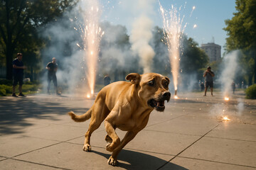 A dog very frightened by the sound of gunpowder