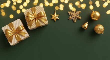 Festive Christmas gifts and golden ornaments with bokeh lights on dark background.