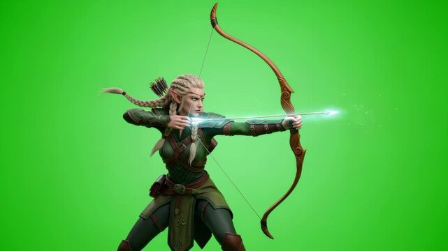 Female elf archer drawing and releasing an enchanted arrow on green screen for chromakey compositing.