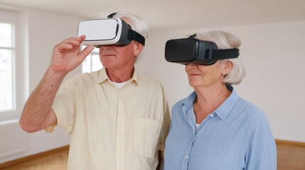 Older couple experiencing virtual reality technology at home.