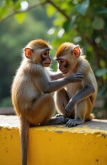 Obraz premium Two young monkeys sit on a yellow ledge grooming each other in green forest. Small primates show affection and care with soft touch. Gentle animal interaction outdoor in daytime sun. Nature scene.