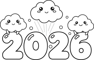Naklejka premium Cute cartoon clouds celebrating the arrival of the year 2026 with a festive and joyful design