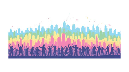 Colorful City Skyline Celebration: A vibrant, multi-hued skyline forms the backdrop to a silhouette of revelers dancing and celebrating, embodying the city's lively spirit and community.
