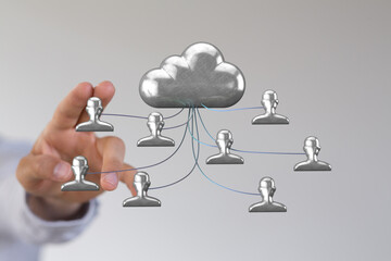 Abstract conceptual image of cloud computing network with hand touching the cloud connected with users, represe
