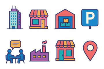 Fototapeta premium Colorful icons of buildings, warehouse, parking, and factory in flat design