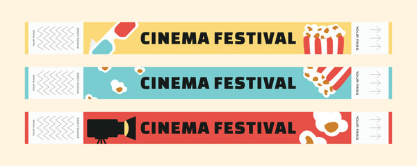 Set of retro cinema festival wristbands with illustrations of movie camera, popcorn bucket and 3D glasses. Admission wristbands exchanged for ticket