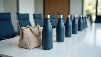 Navy blue reusable water bottles and tan canvas tote bags sit on a long white conference table. Chairs line a modern office meeting room, suggesting corporate sustainability and team comfort.