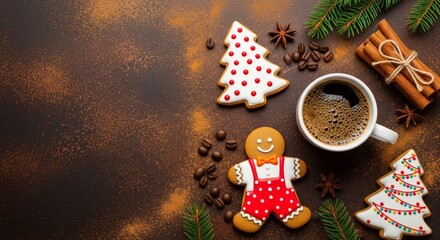 Festive Christmas morning coffee and gingerbread cookies arrangement.