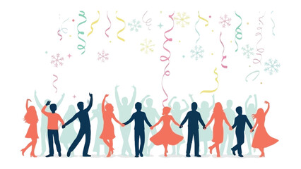 Celebration silhouettes: a joyful crowd gathers together, silhouettes of various shapes celebrate a memorable festive occasion. 
