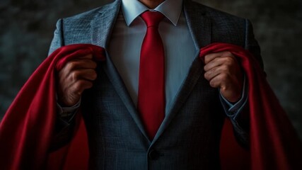 Stylish businessman in a grey suit and red tie reveals a hidden red cape, transformation - Powered by Adobe