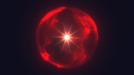 Intense red plasma sphere emitting radiant energy and glowing starburst light in dark space