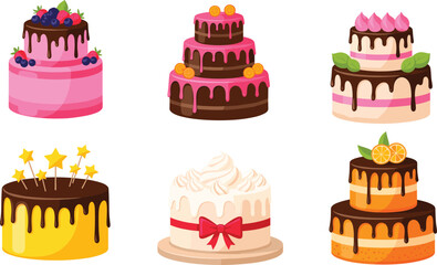 A vector collection of six colorful tiered birthday and celebration cakes decorated with fruits, frosting, drizzles, stars, and bows, perfect for party invitations and design