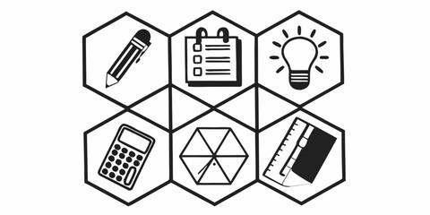 Graphic tools and concepts represented by essential hexagonal icons in a clean black and white style, perfect for design, planning, and educational projects