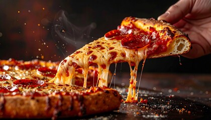 Hand Pulling Cheesy Pizza Slice in Rich Melting Close-Up