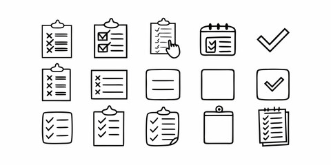 Hand-drawn collection of checklist and task management icons for productivity and planning apps, featuring to-do lists, calendars, and checkmarks, perfect for user interface design elements