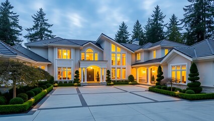 Luxurious modern mansion with manicured landscaping and warm interior lighting