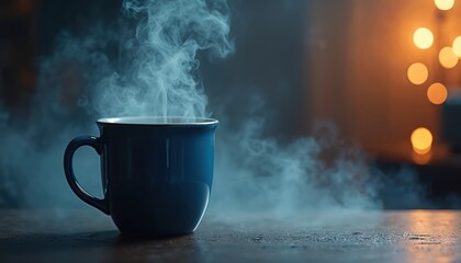 Blue mug steams gently on wooden table. Soft blue smoke rises from hot beverage. Cozy background lights create warm atmosphere. Morning calm refreshment.