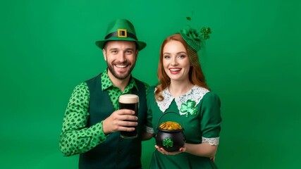 Caucasian man and woman in leprechaun costume looking, smiling, and holding beer and pot of gold for St Patrick Day chroma key.