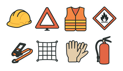 Essential safety equipment icons: hard hat, vest, gloves, fire extinguisher, warning signs