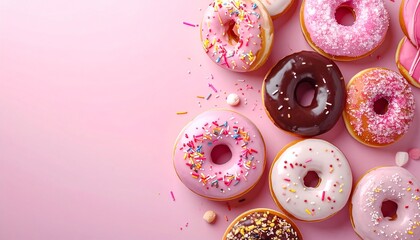 Assorted Donuts on Soft Pink Surface with Playful Confectionery Mood