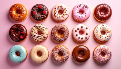 Obraz premium Colorful Donut Grid with Bright Pastel Arrangement for Modern Food Layouts