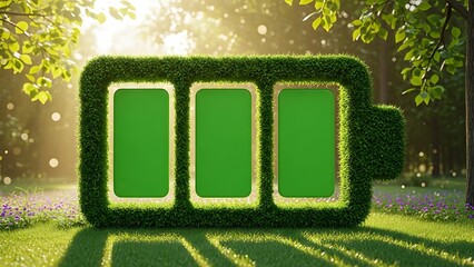 Green energy battery symbol made of grass in a sunny park