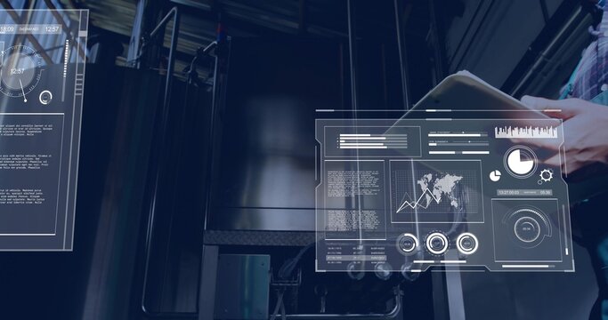 Projecting holo panels overlaying metal tanks in plant, man holding tablet, plaid shirt, copy space