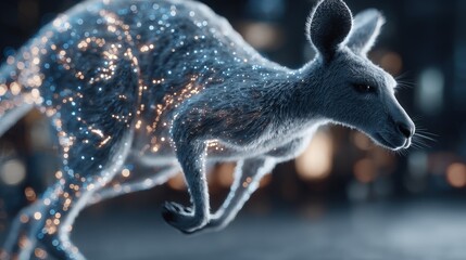 Obraz premium A digitally enhanced kangaroo leaps, illuminated with glowing particles, urban background