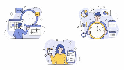 Project management set. Characters using scheduling tools to manage, prioritize, delegate tasks. Business and organization concept. Vector illustration.