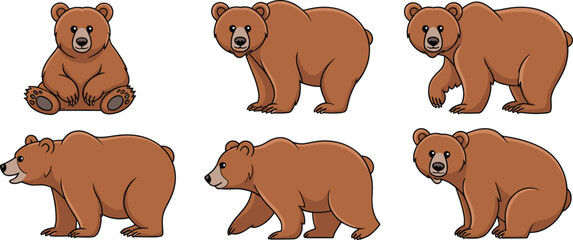 Cute brown bear cartoon illustration set showing different poses, standing, sitting, walking, wildlife animal vector for children.