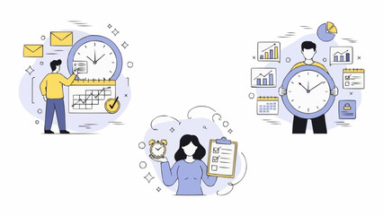Project management set. Characters using scheduling tools to manage, prioritize, delegate tasks. Business and organization concept. Vector illustration.