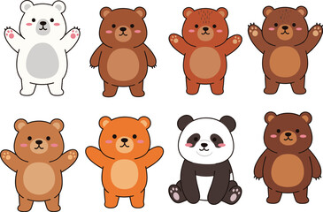 Cute cartoon bear characters in various colors and poses, including brown bears, panda bear, and kawaii-style standing animals.