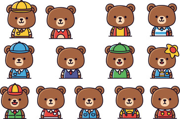 Cute teddy bear character set wearing colorful shirts, hats, uniforms, and accessories in an adorable cartoon vector illustration.