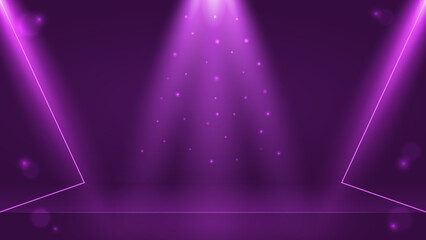Futuristic Purple Neon Stage Background with Glowing Particles and Spotlight for Product Display.