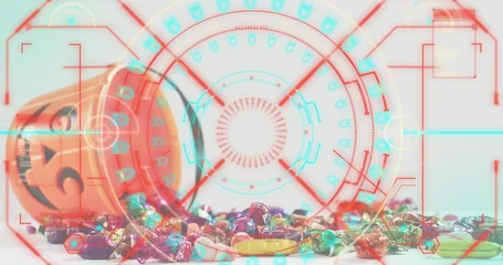 Fotobehang Vlees Tipping orange jack-o'-lantern bucket spilling wrapped candies on white table, red or cyan HUD overl  © vectorfusionart