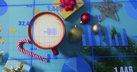 Sitting red-ceramic-mug holding frothy-drink on blue-grid table, showing candy-cane, gifts, data © vectorfusionart