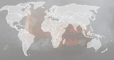 Displaying white outlined world map centering on gray backdrop with red heatmap, hexes and nodes